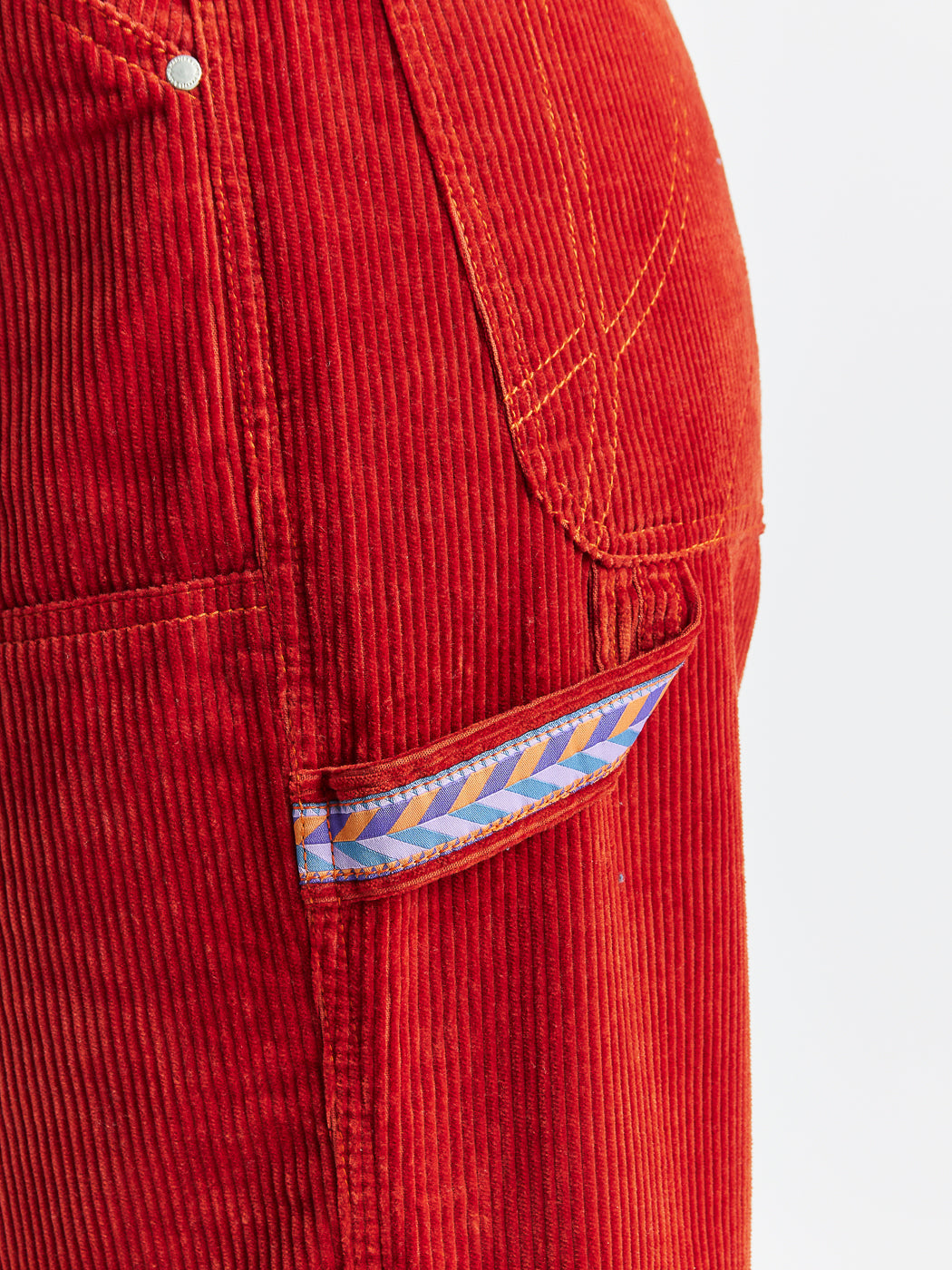 Details of the back pocket stitching and belt loop with our honeycomb tape detail.