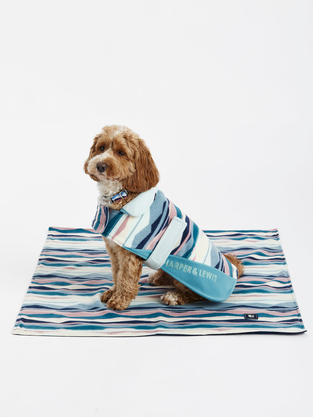 Featuring a fun retro pattern combined with Steel Blue, this fleece ensures your dog stays cosy during colder days.