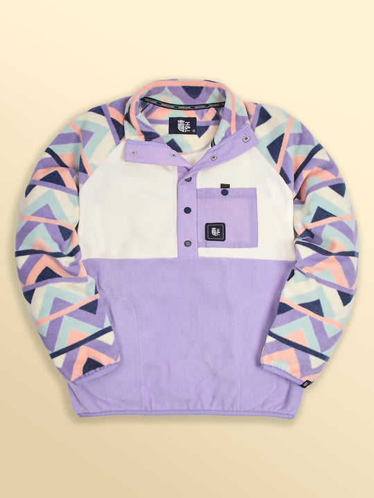 Flatlay image of the Sutton Popper Neck Fleece Jacket, with the poppers undone to how the pattern following inside the neck of the fleece.