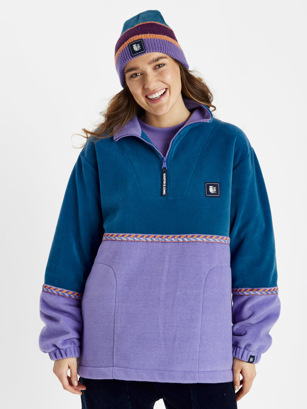 Womens fleece with Tape detail around the arms and body to separate the colour block colours.
