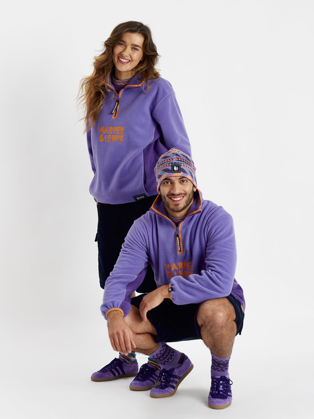 Harper & Lewis Carey colour block fleece in our Deep lavender and colourful embroidery on the chest.