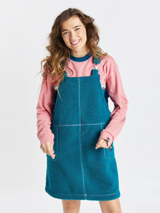 Womens fleece dress made from our classic sherpa material with contrasting pink stitching.