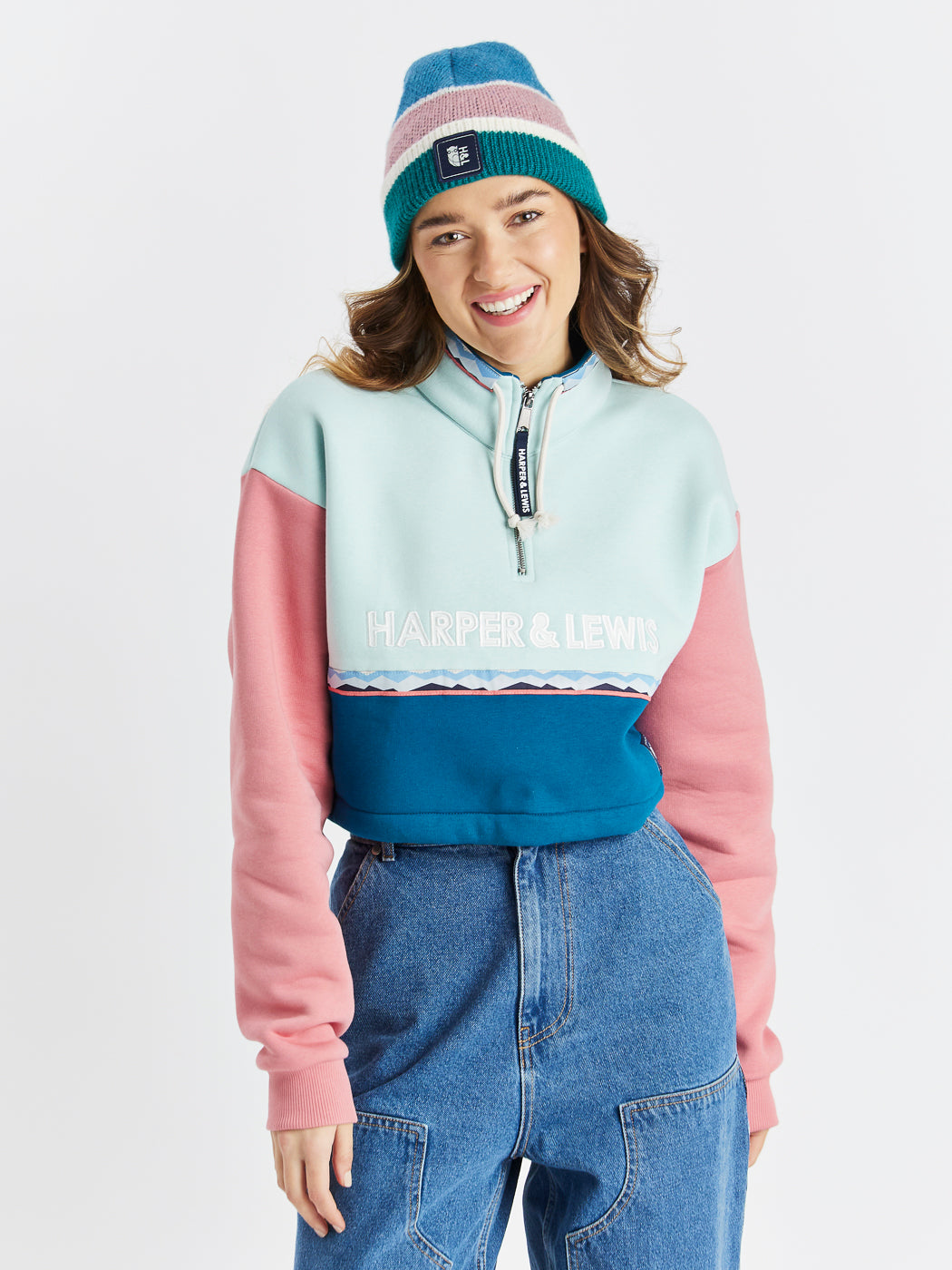 Marley 1/4 Zip Cropped Sweatshirt in Cool Aqua, Teal Green, and Dusty Pink.