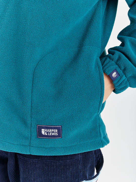 unisex Fleece in Dark Green with a quarter-zip collar, relaxed fit, and embroidered logo on chest.