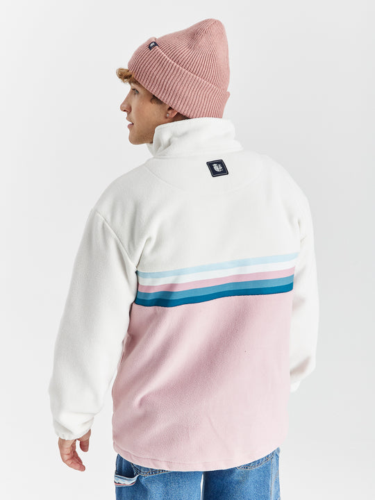 Quarter Zip Polar Fleece featuring a striped chest panel with colours of cool Aqua, Cream, Steel Blue, Dusty Pink & Petrol.