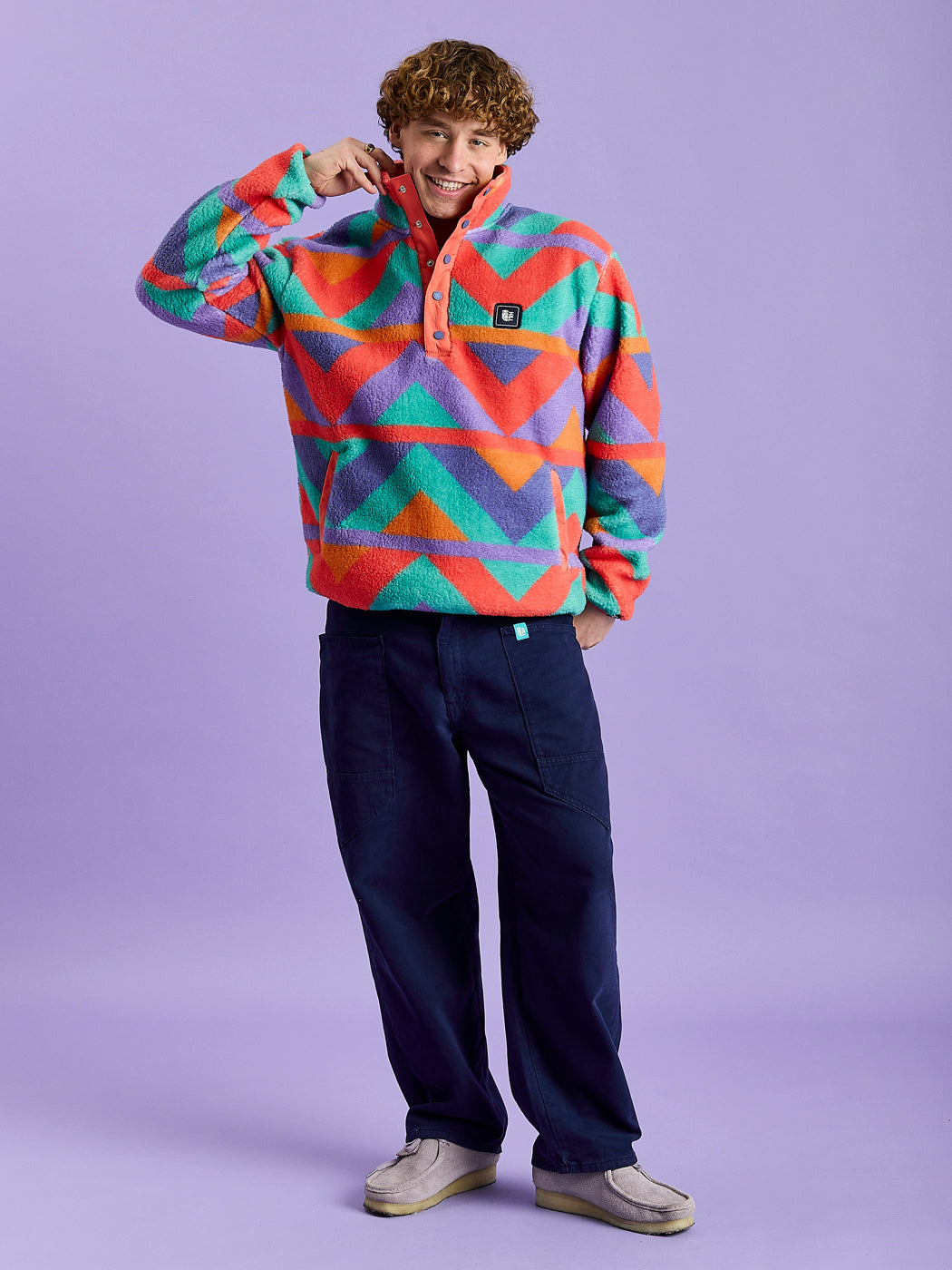 Charlie Retro Patroon Popper Neck Sherpa Fleece