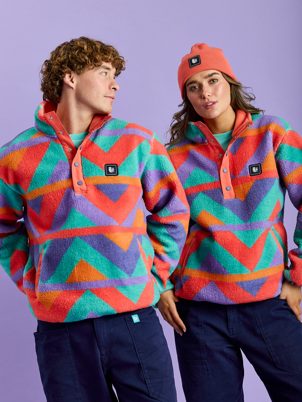 Charlie Retro Patroon Popper Neck Sherpa Fleece