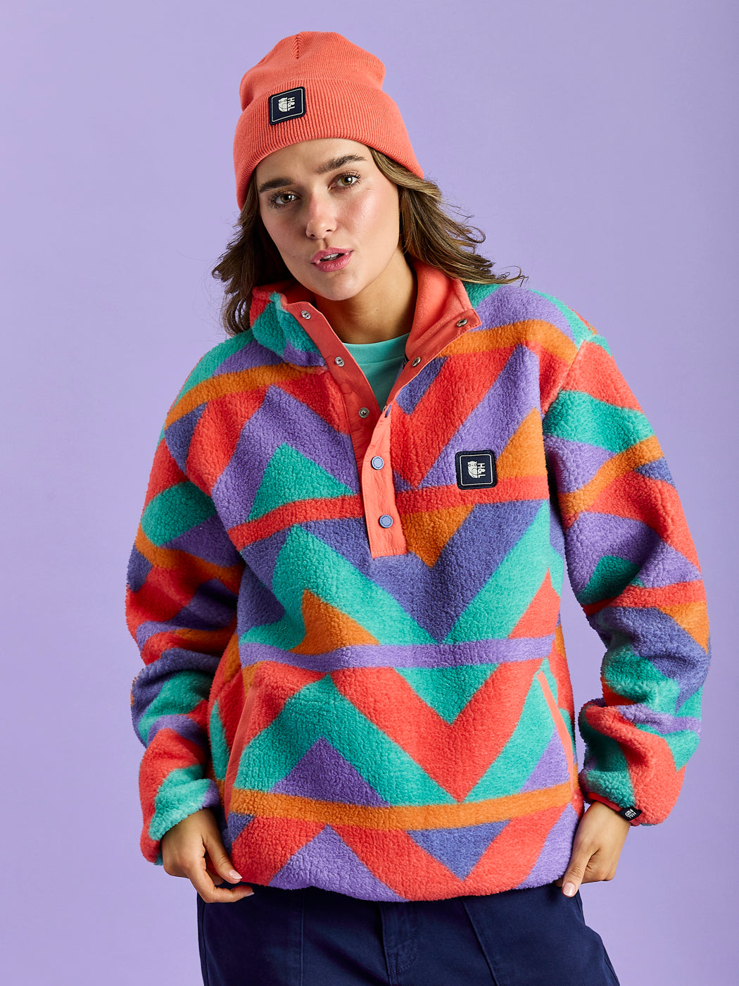 Charlie Retro Patroon Popper Neck Sherpa Fleece