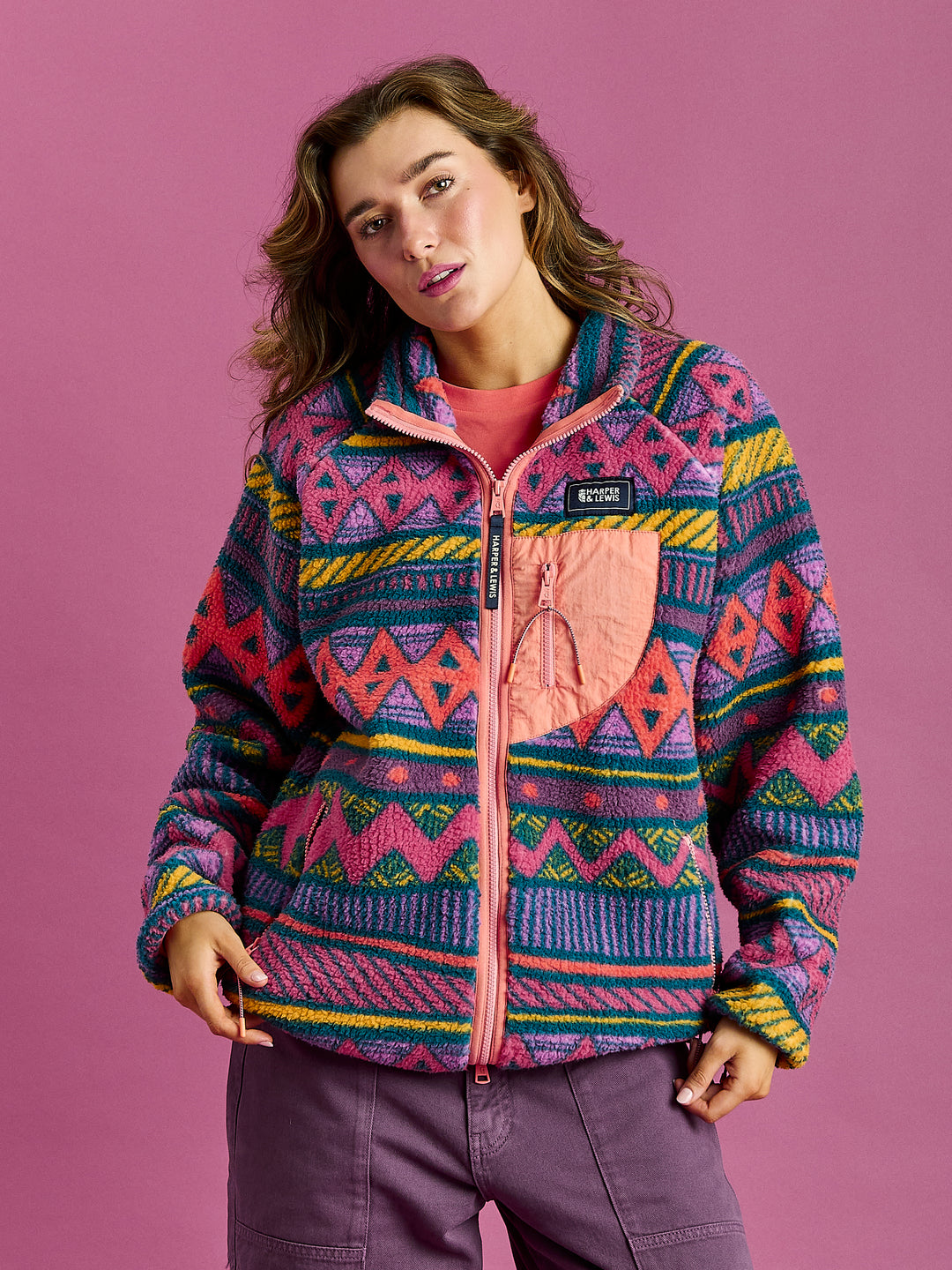 Finn Retro Pattern Full Zip Sherpa Fleece