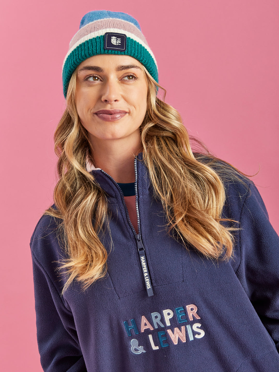 The Beanie features Teal Green, Steel Blue, Cream and Dusty Pink.