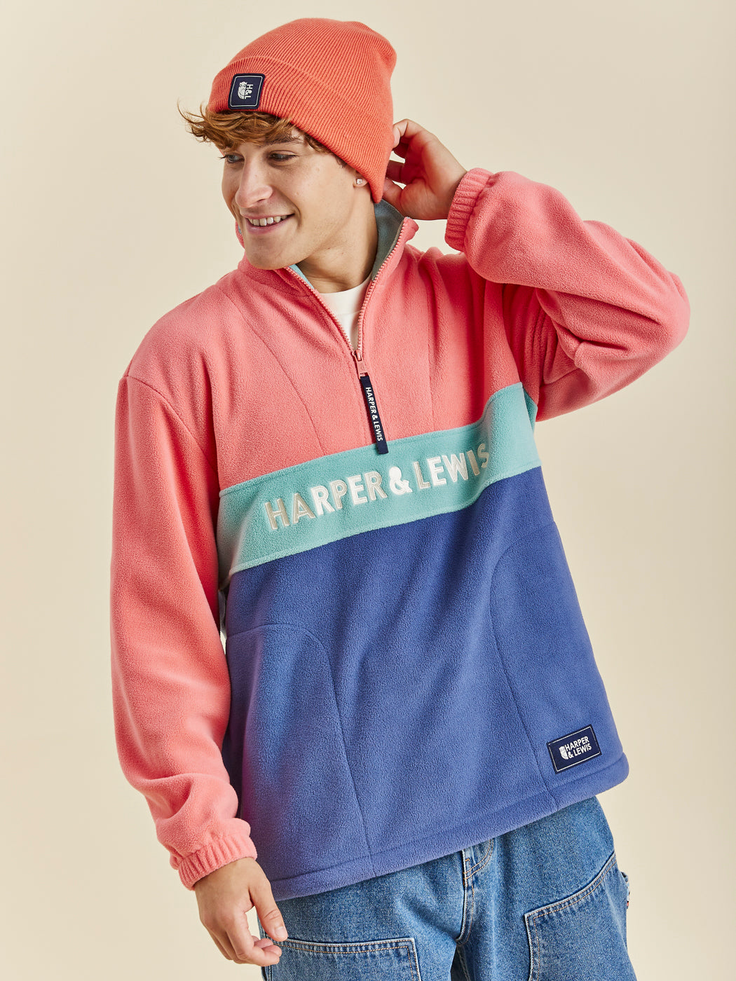 Bright Coral, Sage Green and Airforce Blue  are the main colours in the cosy fleece jacket.