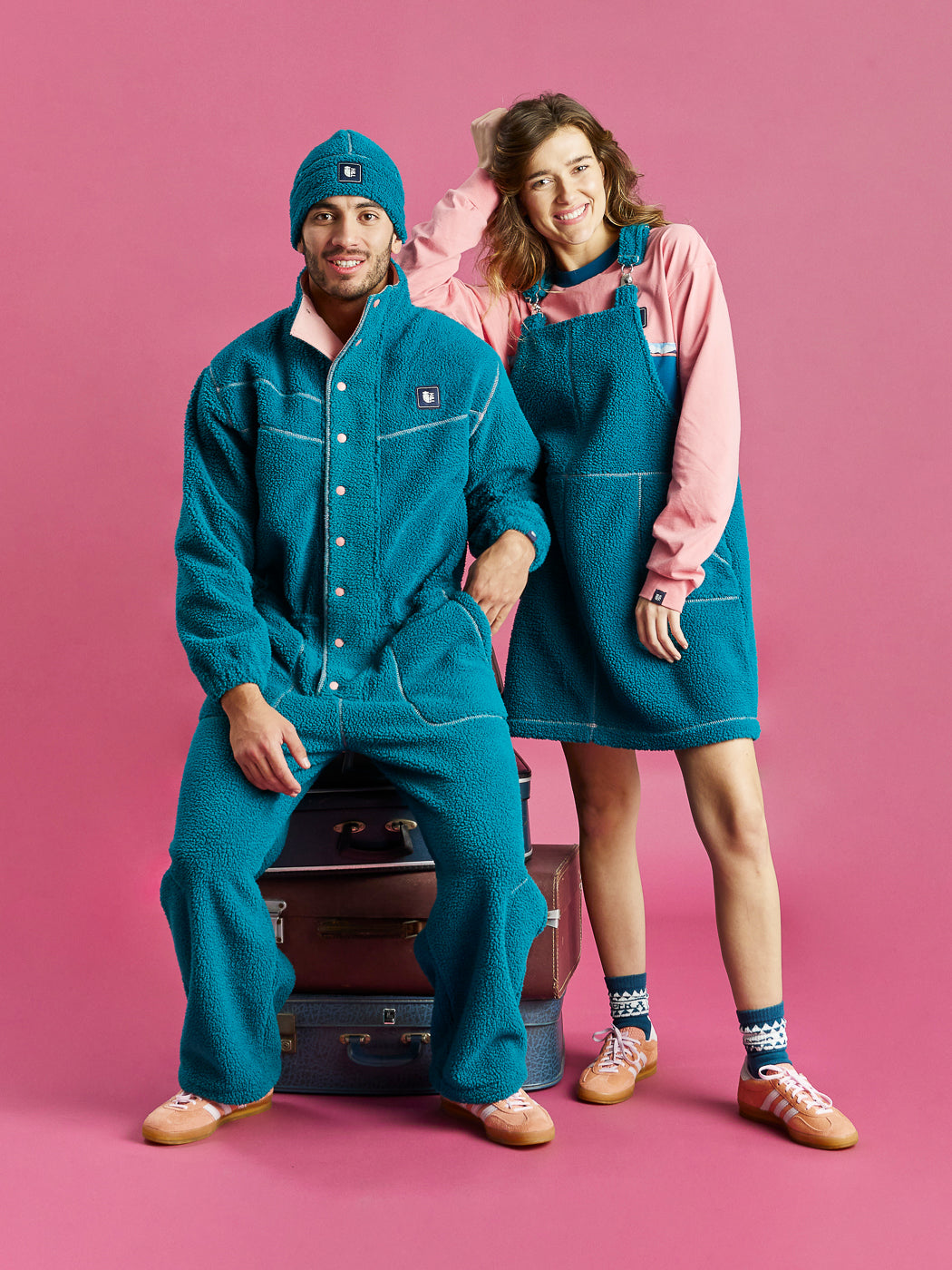 Sherpa Fleece Pinafore Dress in a Teal green, a great transitional piece.