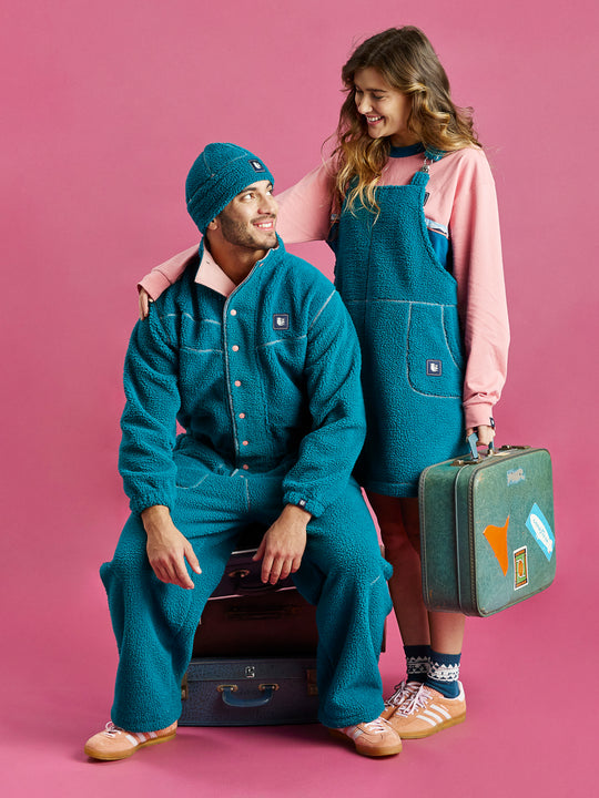 Wearing the Sherpa dress pinafore you can match with our other Teal Green sherpa products.