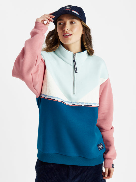 Colour Block 1/4 Zip sweatshirt with tape detailing around the centre with our signature Mountain pattern.
