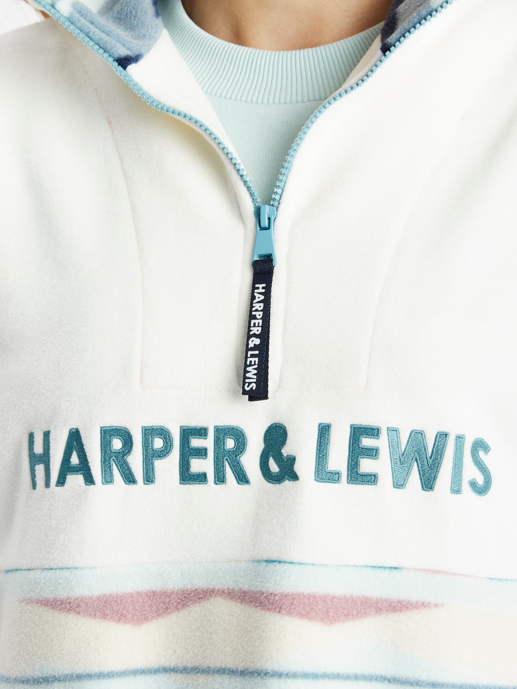 Navy Branded zip puller which shows the printed inside collar, finished with a blue embroidered Harper & Lewis logo.