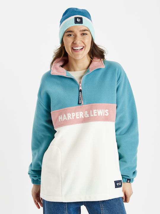 Harper & Lewis Mellow 1/4 Zip Fleece, features a Colour Block design with colours including Steel Blue, Dusty Pink and Cream.