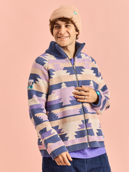 Male Models wears Wynn Retro Pattern Zip Cardigan.