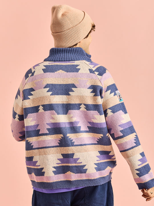 Back shot of the male model wearing the soft knitted cardigan, showing the oversized sloughy fit.