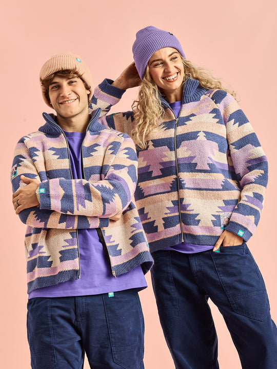 Both Models wear the Zip cardigan showing it undone and zipped up. 