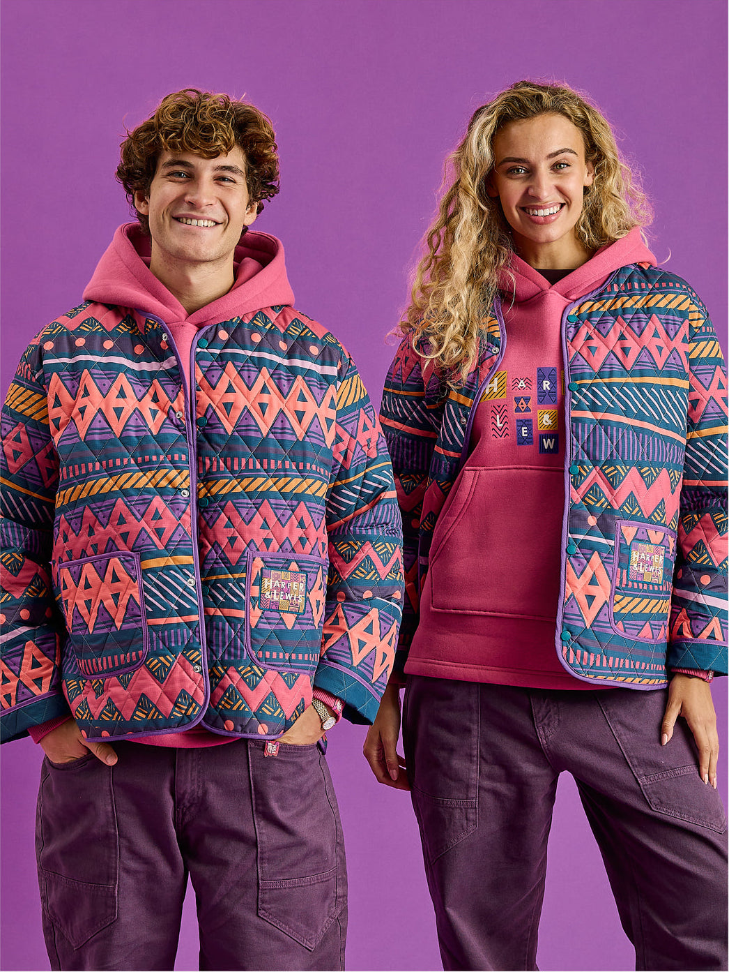 Two models wearing the Zinnia Retro Pattern Quilted Jacket.