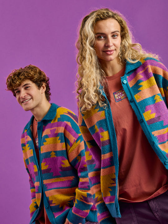 Both Models wearing the Colby unisex Cardigan which will be a staple in your wardrobe