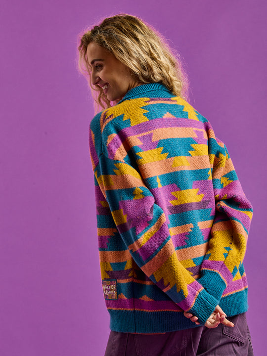 Back shot of the Colby Cardigan which shows the pattern of the Aztec Wave all throughout.