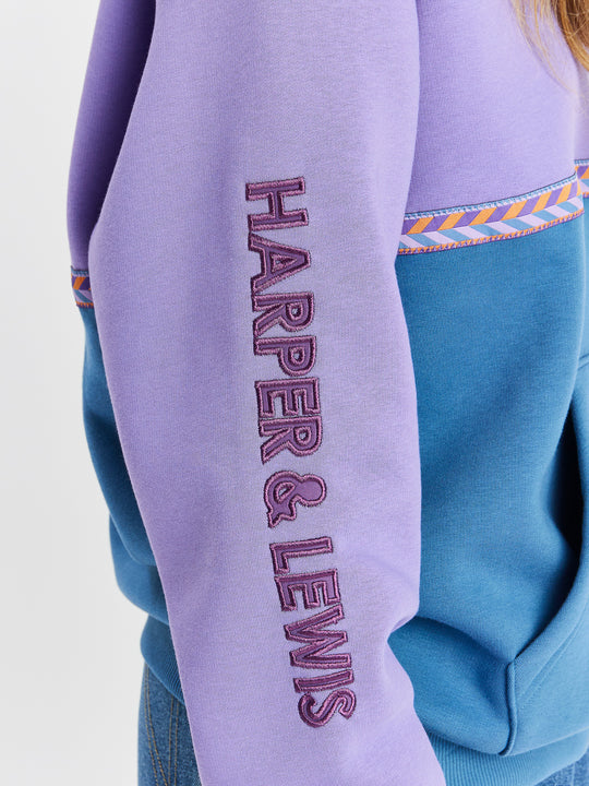 Applique embroidery down the arm in a purple colour to add to the branding of this cosy hoodie. 