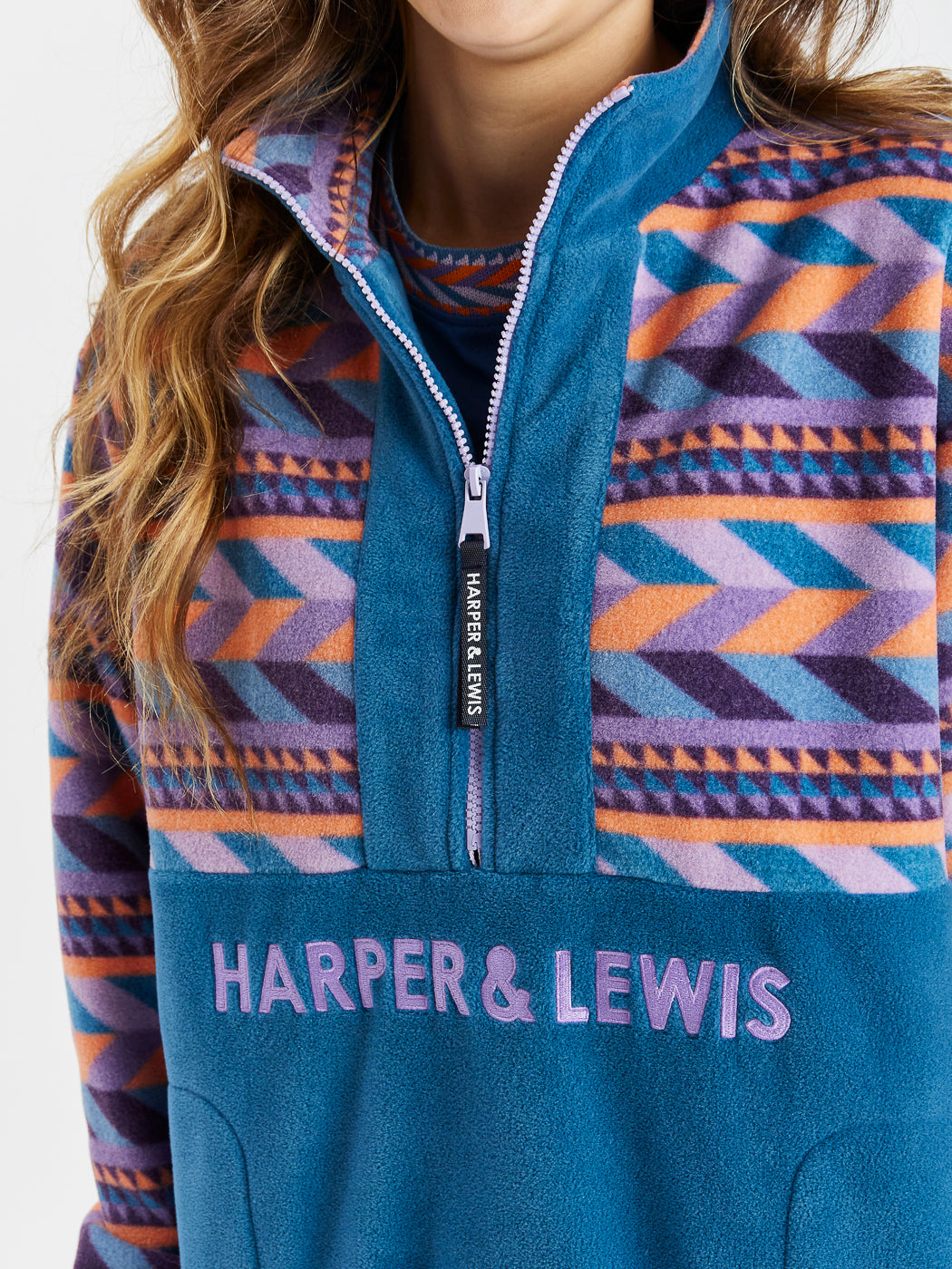 Branded zip puller and purple embroidered Harper & Lewis logo featured on our patterned fleece.