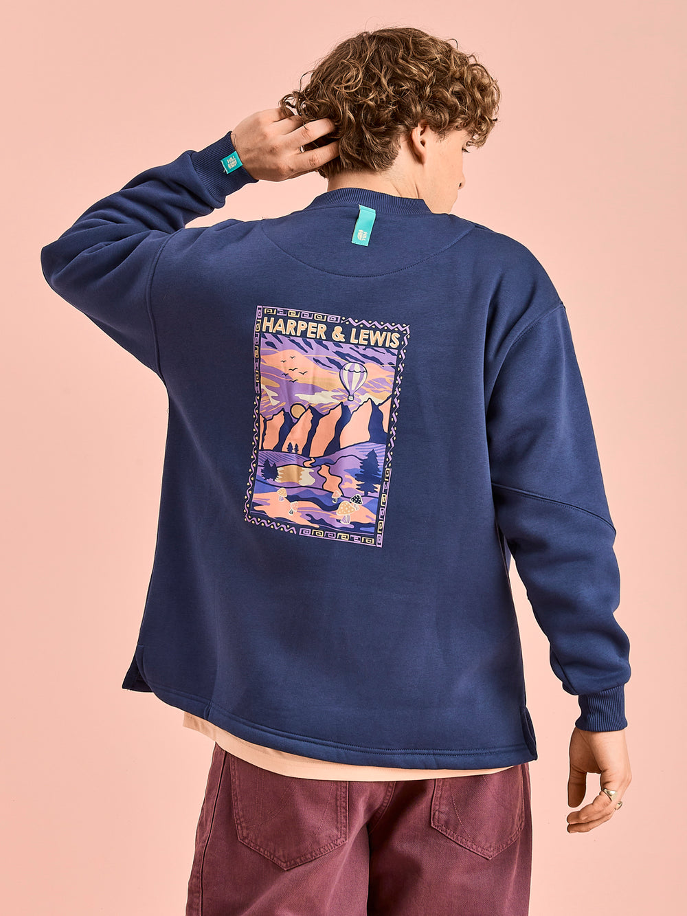 Back shot of the Atlas sweater in navy, which features a retro mountain inspired back print.