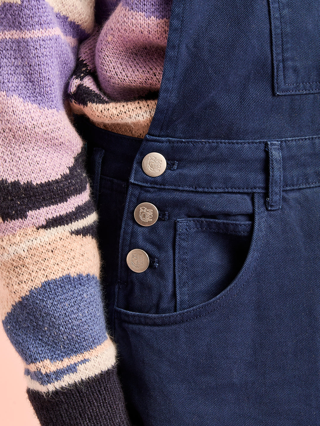 Detail shot of the branded metal buttons for easy