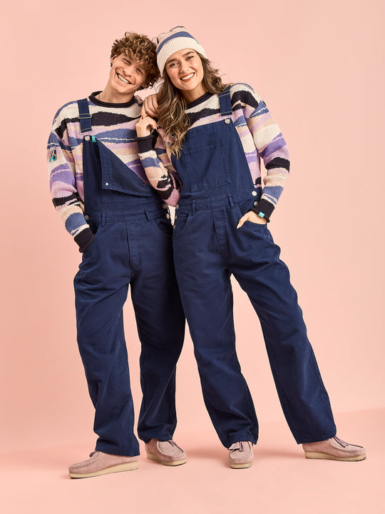 Both Models wear the Aria Dungarees in Navy
