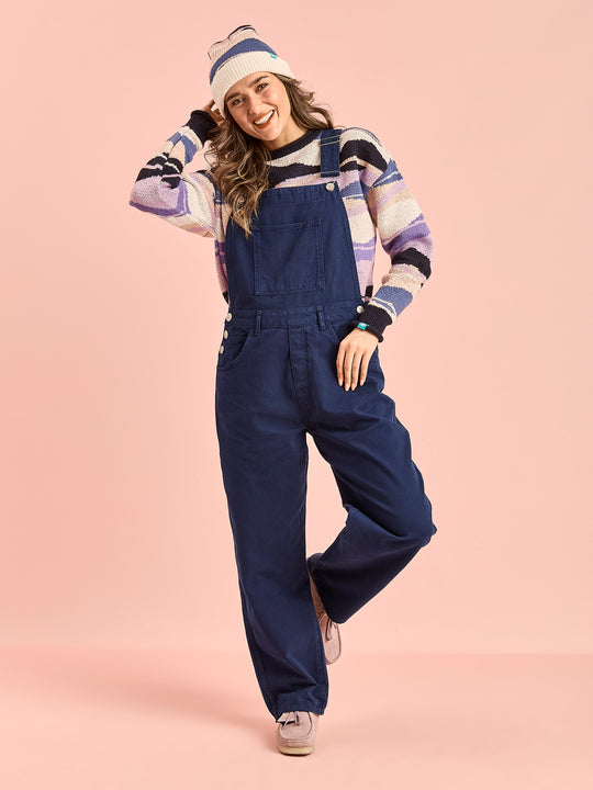 Female model wears the Navy Dungarees, Made from premium, breathable cotton fabric