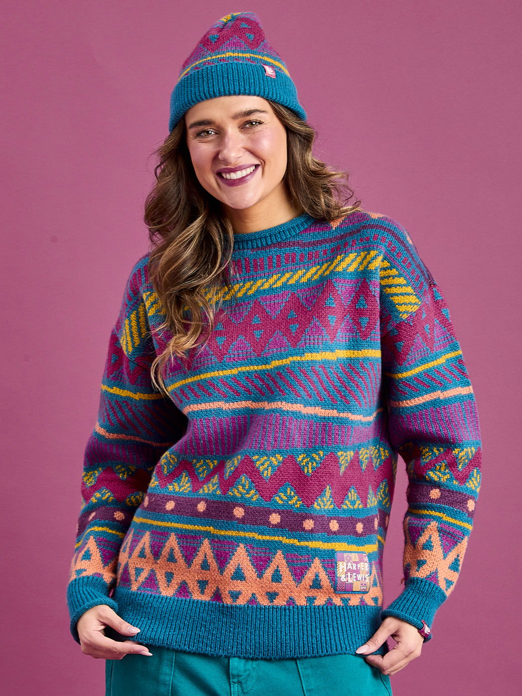 Female Model wearing the Dana Retro Pattern Knitted Crew Neck Jumper.