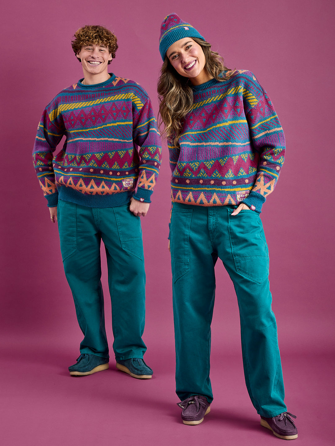 Both Models wearing the vintage inspired knitted jumper.