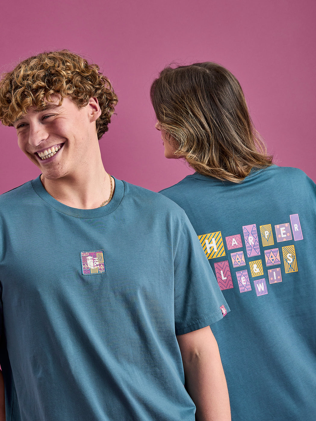 Both Model wear the Neva tee in Petrol 