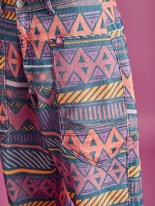 Detail shot of the wrap around pockets with a branded patterned tab