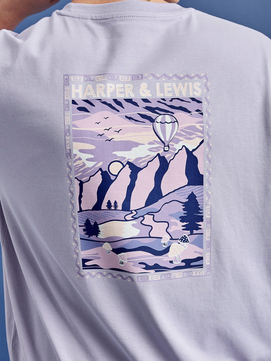 Detail shot of the back print which is inspired by retro mountain adventure