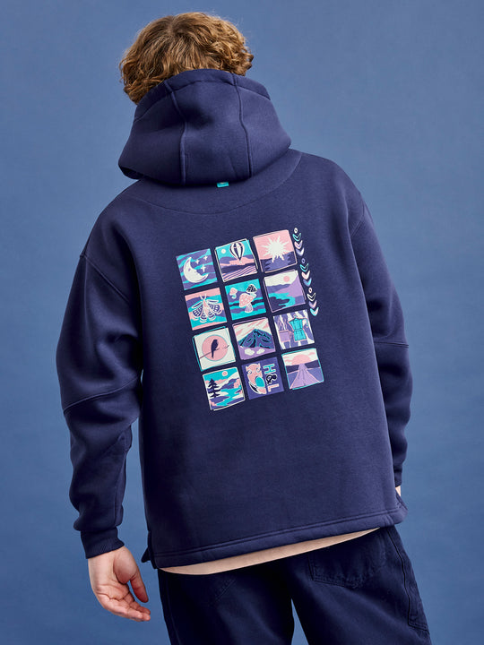 Back shot of the Ellerie Unisex hoodie in navy, which shows the retro adventure inspired graphic.