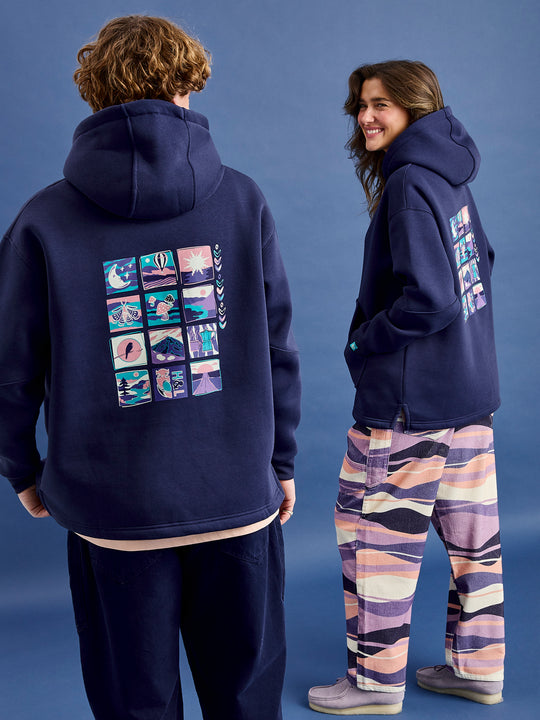 Both Models wearing the Ellerie Hoodie in navy, showing the retro inspired back print.