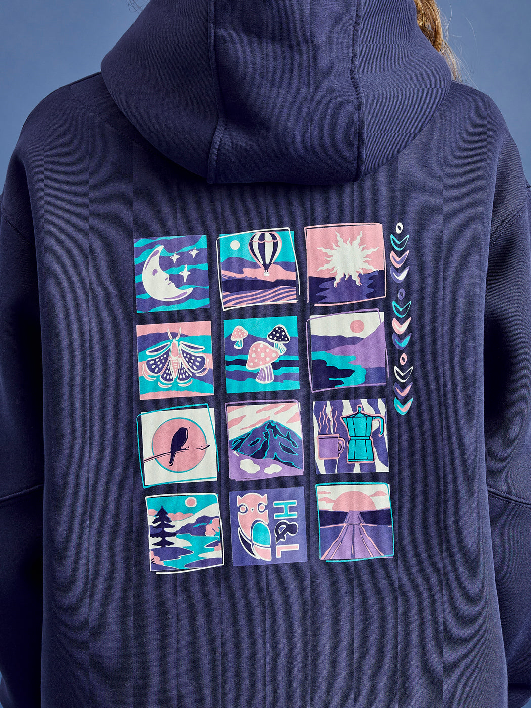 Detail shot of the back vintage inspired back graphic.
