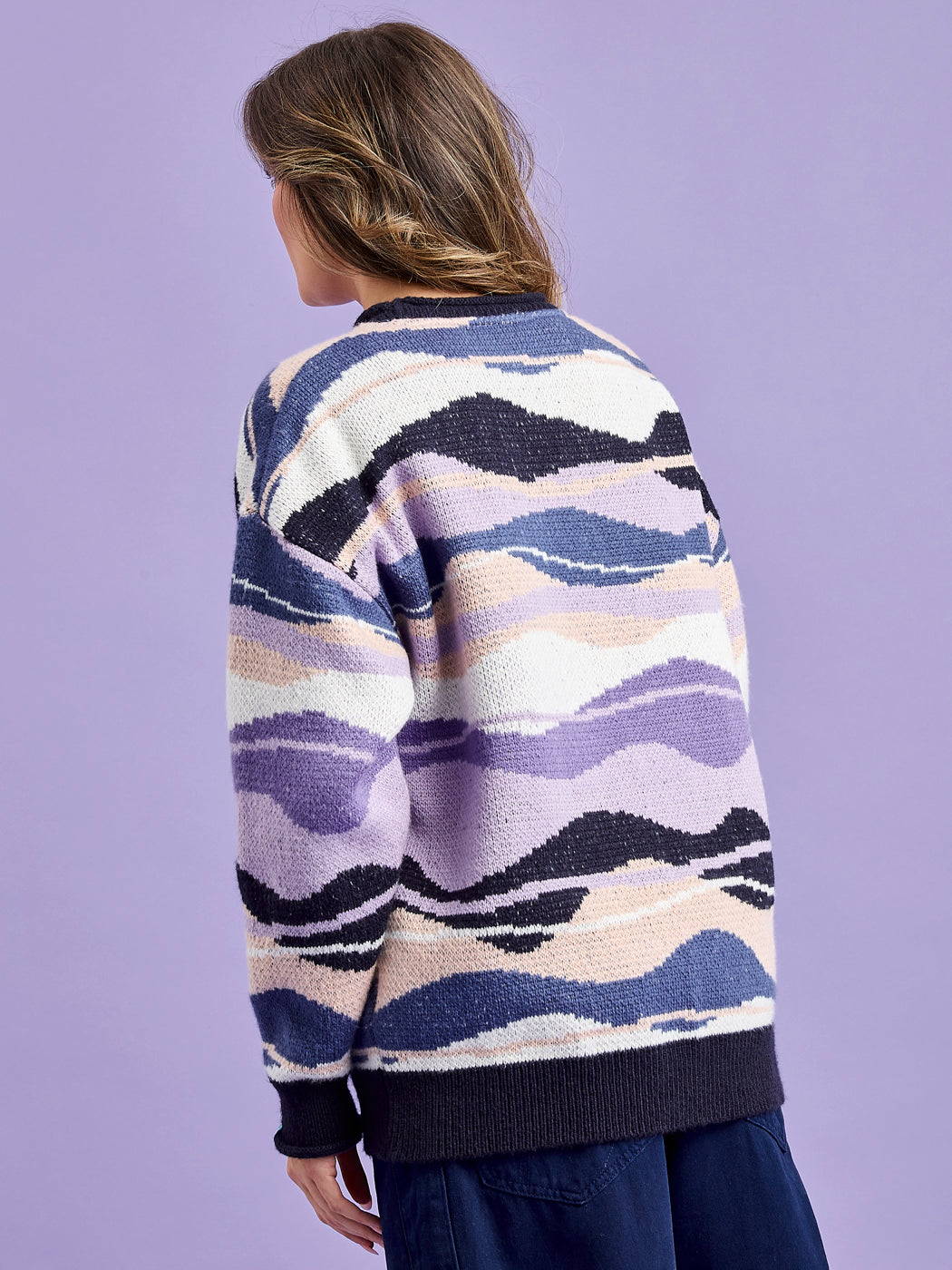 Back detail of the knitted jumper which gives a Slouchy fit.