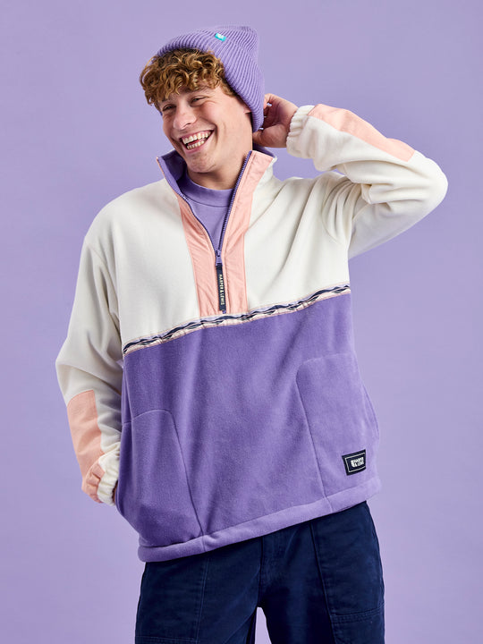 This unisex fleece features colours of Cream, Deep Lavender & Light Peach.