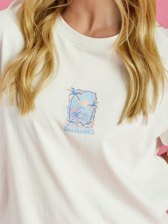 The front graphic features palm trees and a sunset with waves.