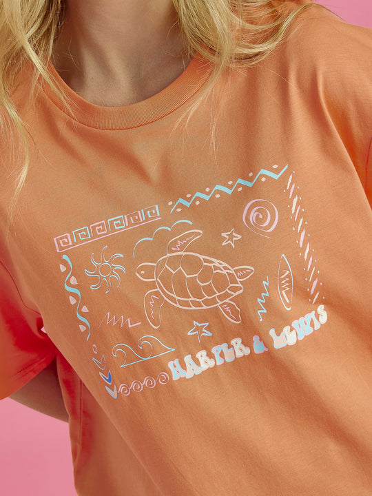 Detailed shot of the graphic, which is a sea theme with a turtle and Harper & Lewis branding.