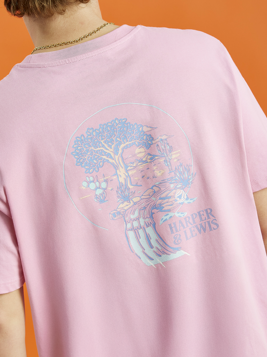 Back graphic of the Aura tee, showing colours of blue, peach and lavender.