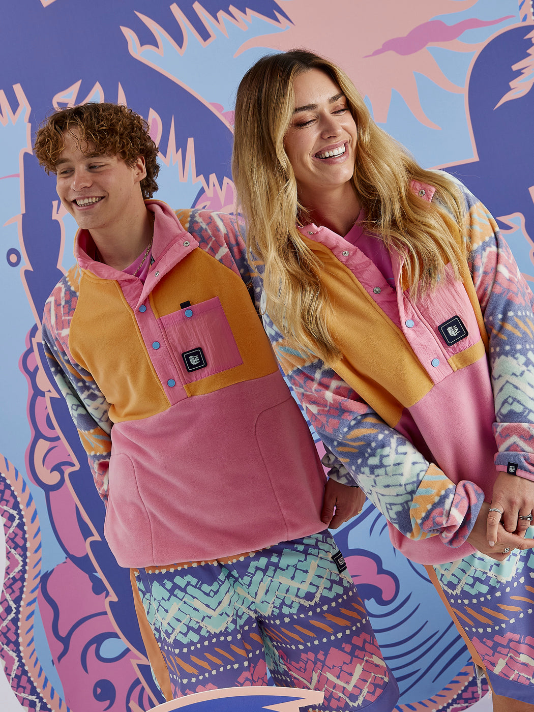 Two Models showing the unisex Sutton fleece, this is made for festivals in mind.