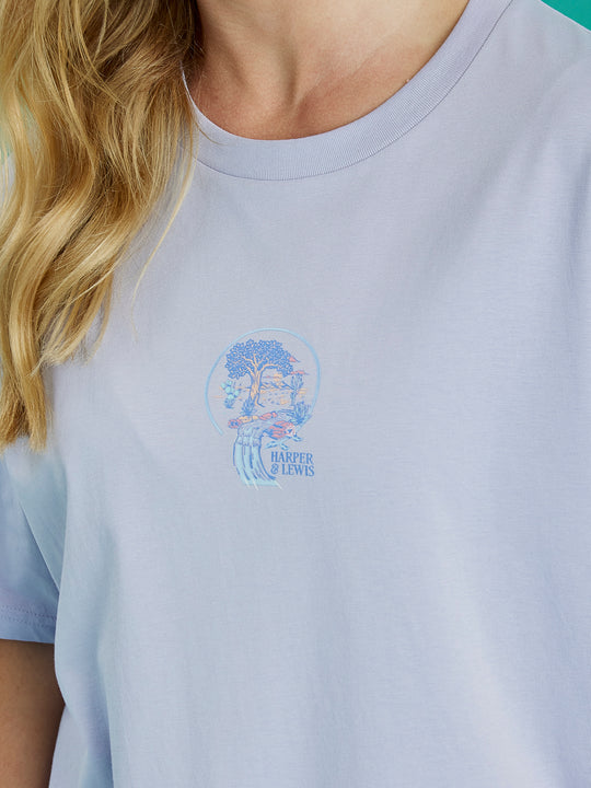 Front detail shot of the Lavender Aura tee, this shows the graphic which is the tree of life in blue, lavender and peach.
