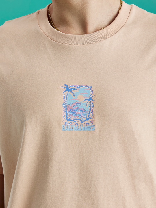 The front graphic features palm trees and a sunset with waves.