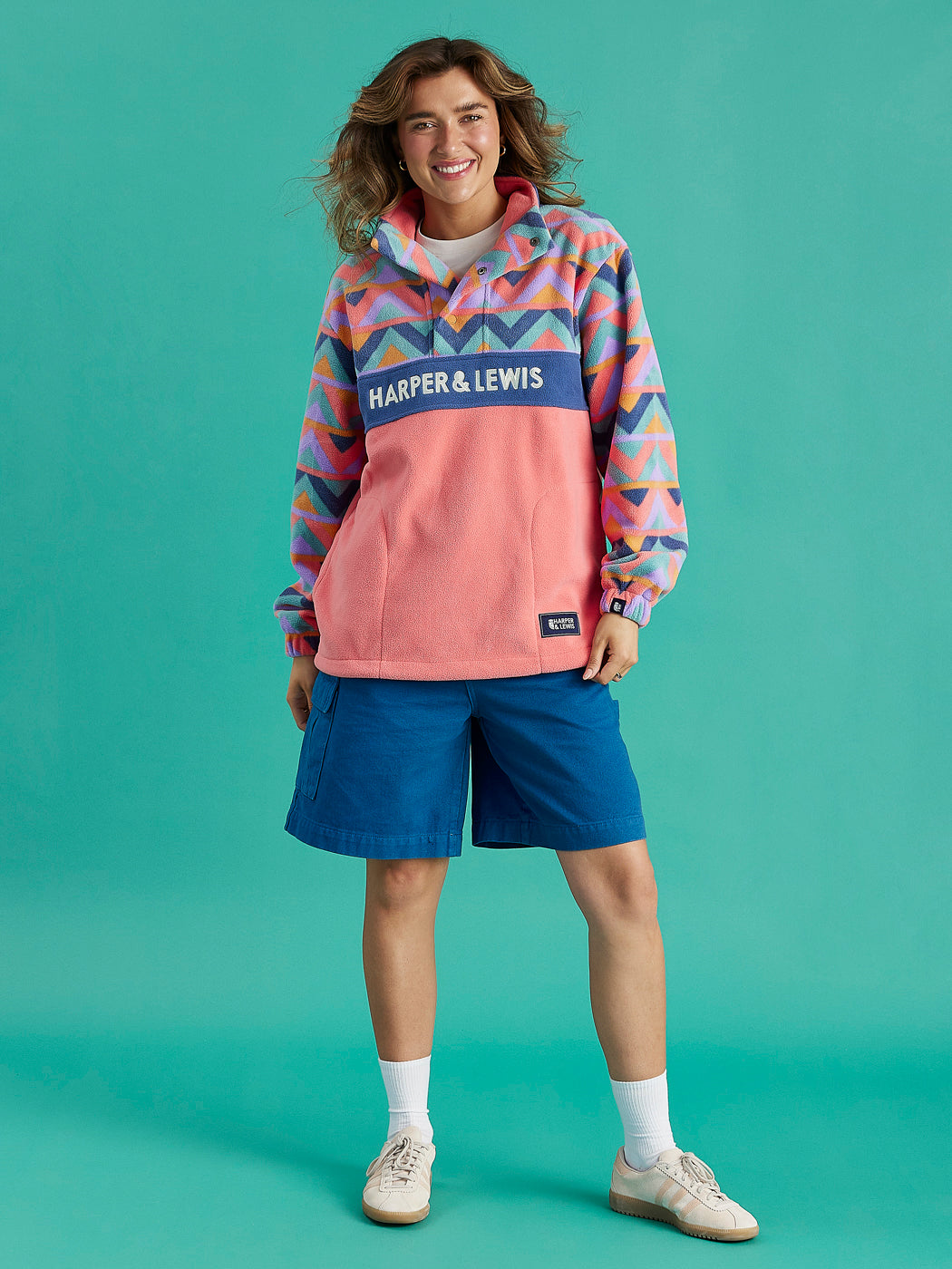 Polar Retro Pattern Popper Neck Fleece Aztec & Coral