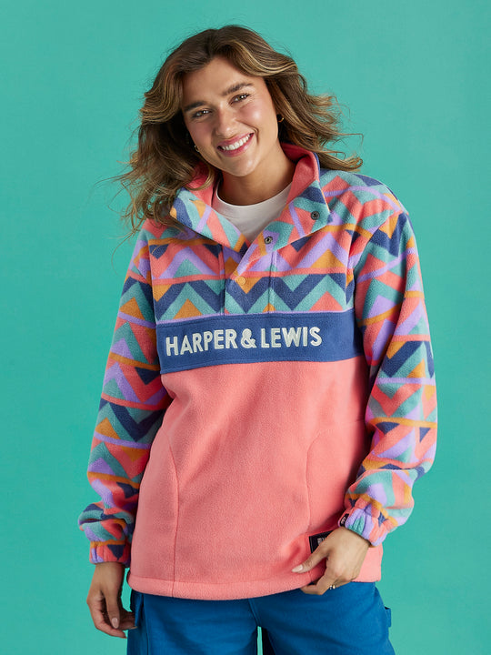 Polar Retro Pattern Popper Neck Fleece Aztec & Coral